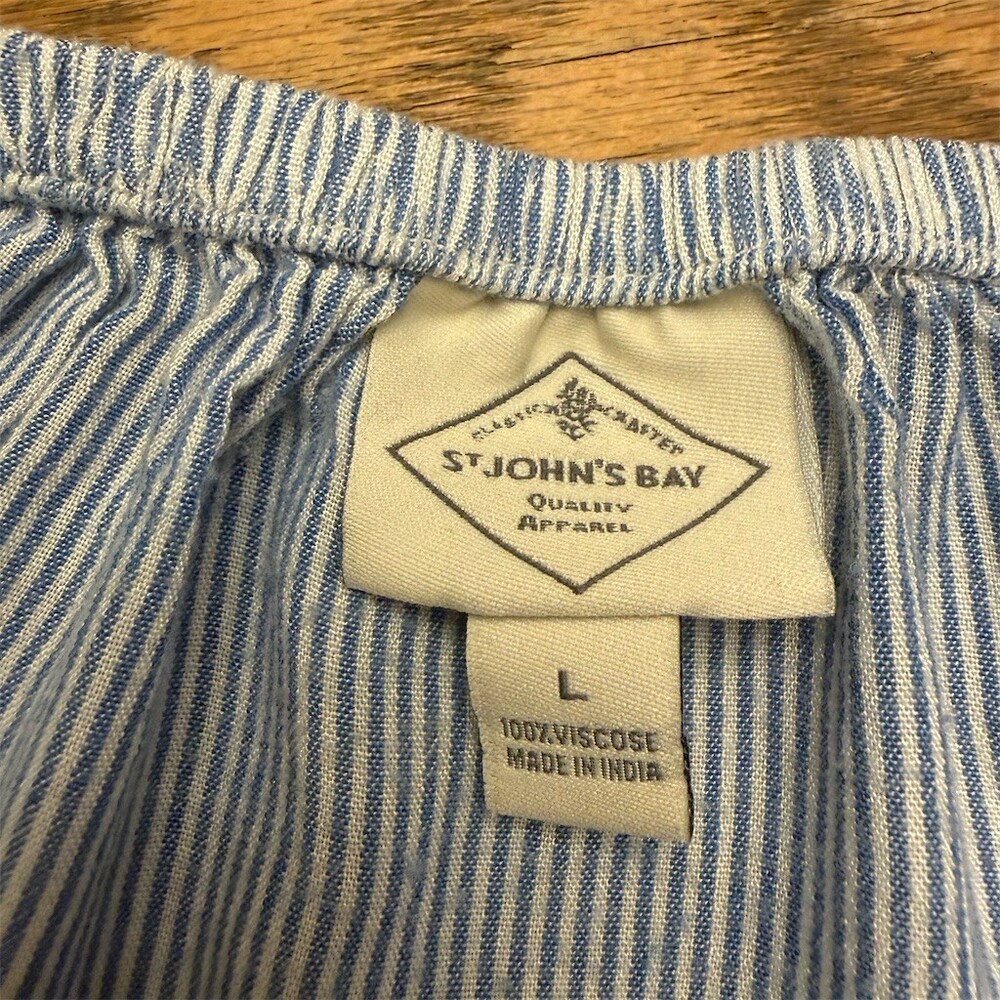 St. John’s Bay Blouse Womens L Blue & White Pinstripe Embroidered Peasant - Picture 6 of 8